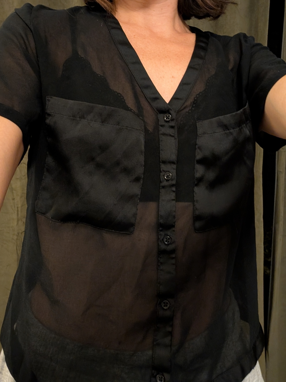 Sheer Black V-Neck Button Sexy Shirt